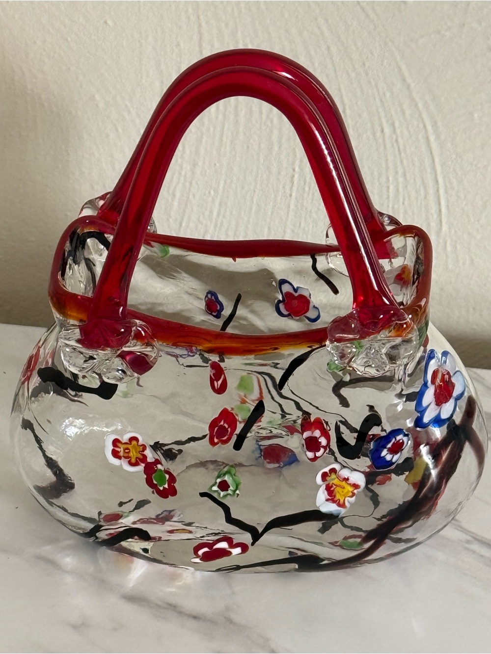 Gorgeous! MURANO Style Red/Clear Art Glass Millefiori PURSE / VASE 7.5" x 7.5"